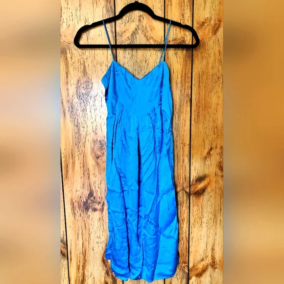 VINTAGE Rebecca Taylor Satin Silk Flowy Blue Dress Size 2 Gem Zip up back - Picture 8 of 12
